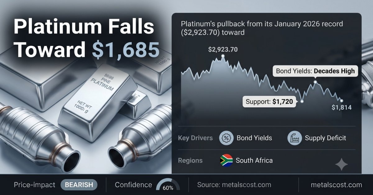 Platinum Falls Toward $1,685 Target as Bond Yields Jump, Despite a Tightening Supply Deficit